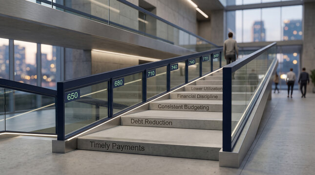Modern staircase with credit score numbers and financial steps, perfect for banking ads, finance blogs and wealth management