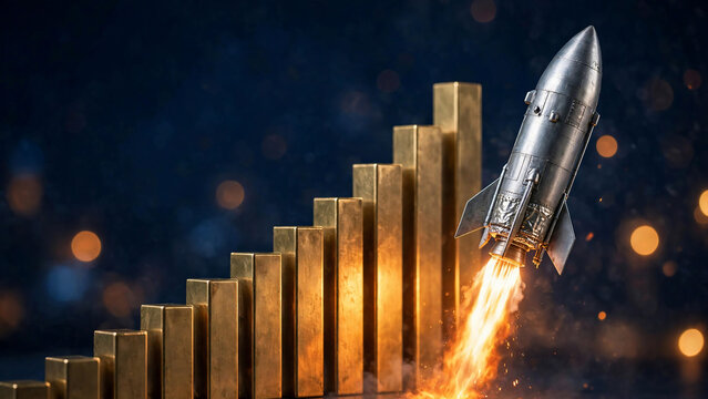 Vibrant metallic rocket launching with fiery exhaust, ascending golden bar chart on dark background, suitable for startup growth, financial success, business development.