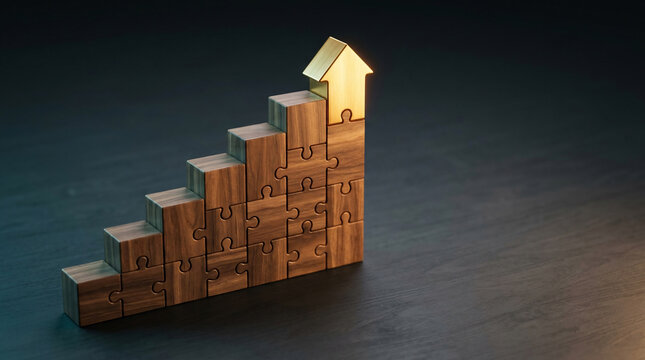 Wooden puzzle staircase with a golden upward arrow at the peak, suitable for business blogs, growth reports and financial marketing