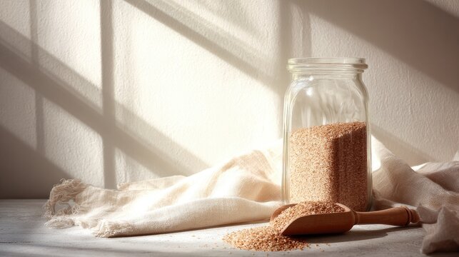 Glass jar of psyllium husk powder with wooden scoop, natural fiber supplement concept
