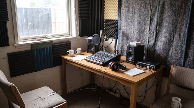 Home recording studio setup with audio equipment and soundproofing