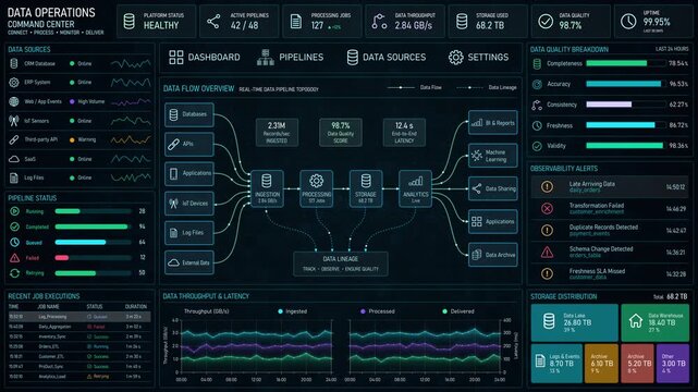 Motion graphic of a data operations dashboard showing real time data flow, pipeline status, and animated analytics charts for business intelligence and technology presentations.
