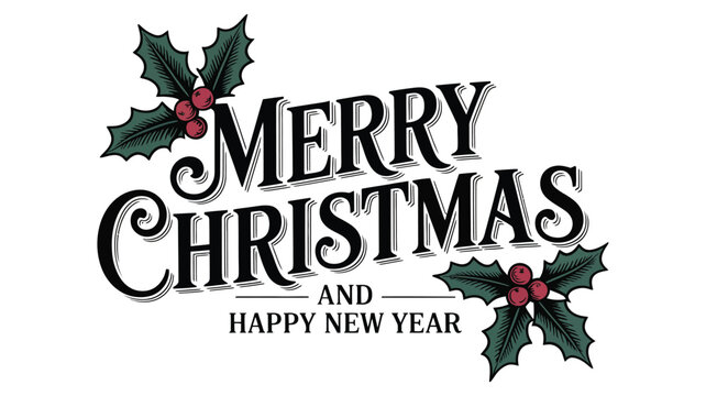 Merry Christmas and Happy New Year Elegant Black Typography with Holly Leaves
