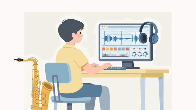 Flat Vector Illustration of Music Producer Editing Audio Waveform on Computer with Saxophone
