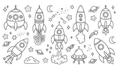 Outer Space Rocket Ship Coloring Page Vector Set with Cute Spaceships Planets Stars and UFO Element in Hand Drawn Doodle Outline Style © Parvin