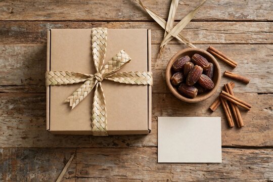 Kraft gift box with woven ketupat ribbon and dates bowl