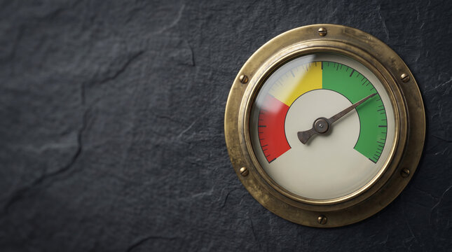 Vintage brass gauge with needle pointing in green zone on dark slate wall, suitable for performance reports, risk management and credit rating concepts