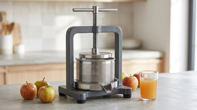 Metal fruit press machine with fresh apples and a glass of juice on a kitchen table for making healthy homemade cider or beverage in the morning