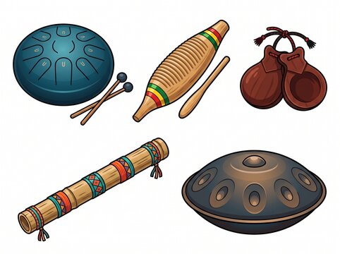 Set of ethnic percussion and folk musical instruments tongue drum guiro castanets rainstick handpan vector illustration
