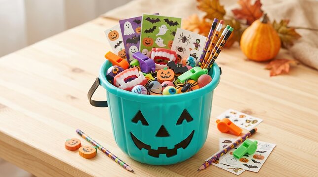 Teal Halloween pumpkin bucket filled with non-food allergy-friendly