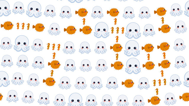 Cartoon octopuses, pufferfish, and seahorses pattern