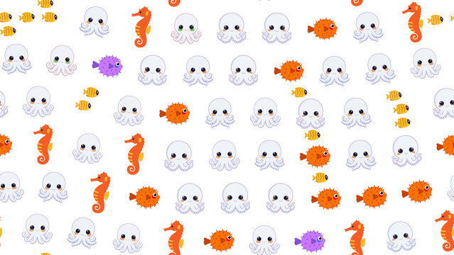 Cartoon sea creatures pattern with octopuses, seahorses