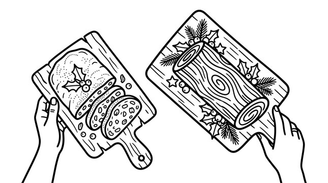 Black and white vector illustration of Christmas stollen and yule log cake on wooden boards.