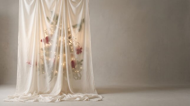 Christmas tree behind a sheer white curtain with soft warm fairy lights