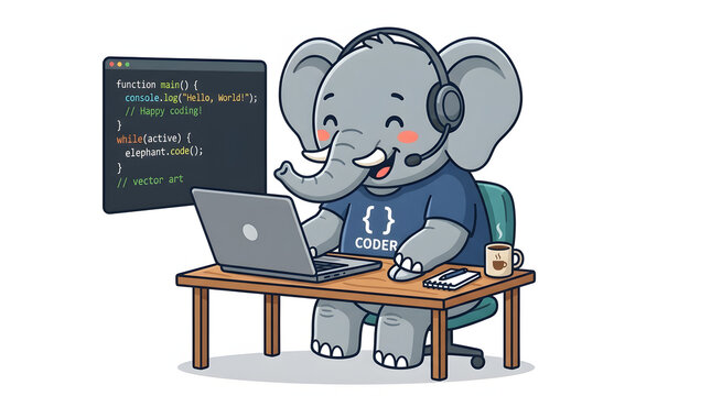 Cute cartoon elephant programmer wearing a headset coding on a laptop with a floating code window. Flat vector character isolated on white. Perfect for tech, software developer, or IT concepts.