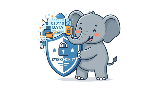 Cute cartoon elephant holding a large cybersecurity shield to protect digital data and cloud files. Flat vector tech animal mascot isolated on white. Perfect for IT security and privacy concepts.