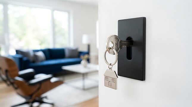 A silver house key with a house shaped keychain inserted into a modern door lock.