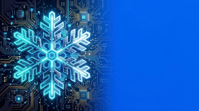 Digital Snowflake Design Merging with Circuit Board Patterns Against a Bright Blue Background