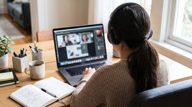 Woman in headphones attending online meeting on laptop at home office