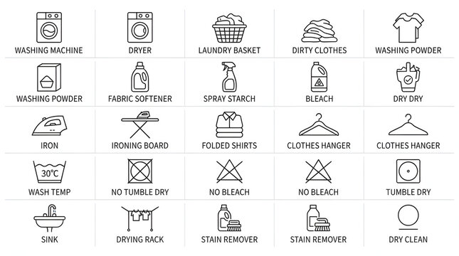 Laundry icons set with washing machine dryer and clothing care