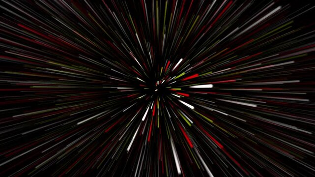 Hyper jump to another galaxy with neon globe speed animation. Speed of light galaxy travel with white red and golden lights. Futuristic neon globe racing through space at light speed.