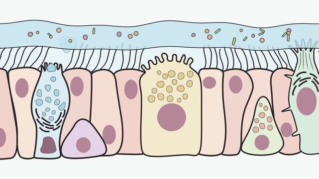 Goblet cell exocytosis and mucociliary clearance in respiratory epithelium, cilia beating to move mucus, seamless loop 4K medical animation.
