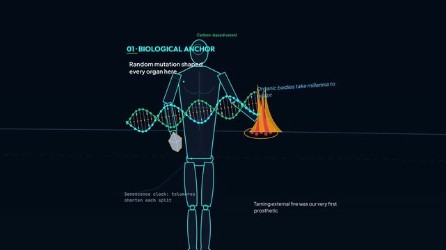 Animation of human evolution into transhumanism showing biological anchor, bionic integration, synaptic convergence, genomic reprogramming, and substrate independence with DNA and technology