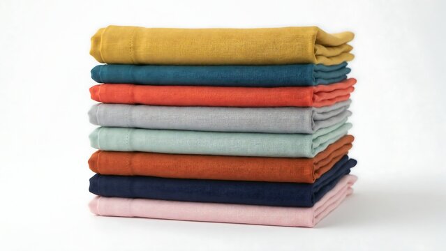 A stack of folded colorful cotton fabric napkins in various shades including yellow, teal, orange, and soft pink