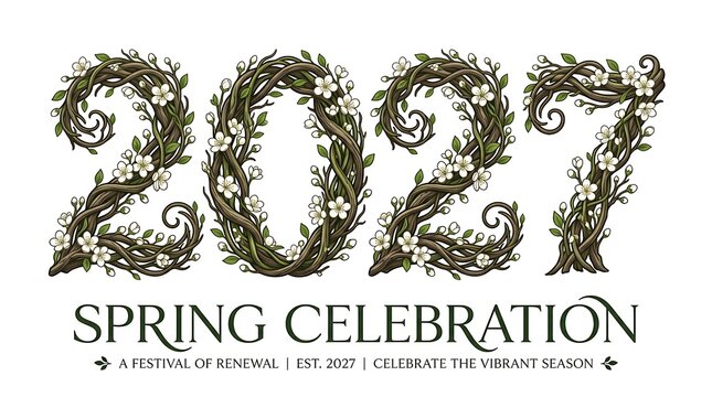 The year 2027 written in artistic vine branches with white spring flowers, perfect for seasonal event branding