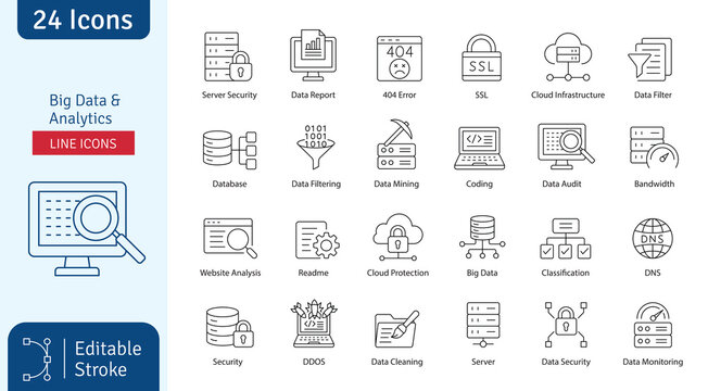 Big Data & Analytics Editable Stroke Line Icons Set. Concepts Including Network Security, Cloud Computing, Digital Technology, Server Security, Data Reports, Network Monitoring Etc.