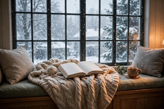 Open book with knitted blanket on window seat snow falling outside