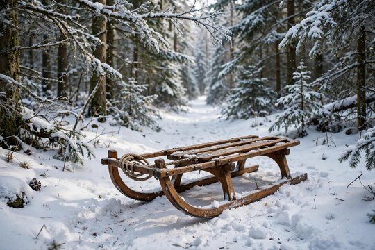 Classic wooden sled resting on snowy forest path in soft daylight