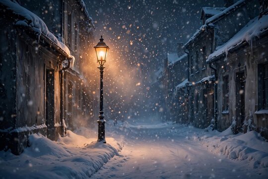 Vintage street lamp glowing in heavy snowfall at night empty street