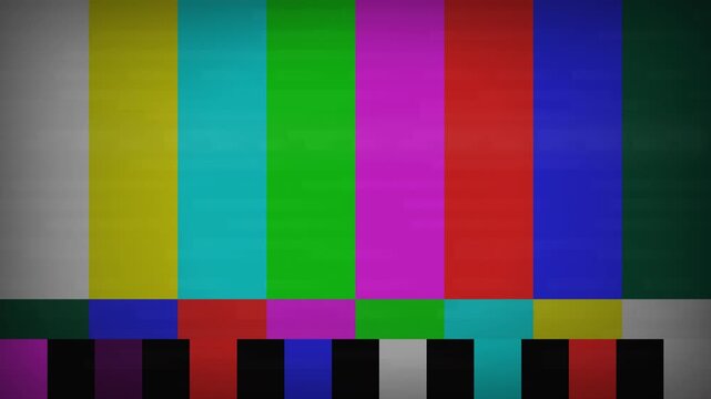 Classic television test card with vibrant color bars and static noise, ideal for retro video editing, media production and broadcast design
