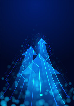 Futuristic technology background with glowing blue upward arrows, connected digital circuit lines and floating particles on dark navy