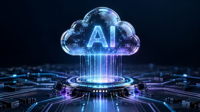 Glowing artificial intelligence AI cloud computing icon floating over futuristic circuit board core with blue and purple neon light beams for digital data storage and machine learning concepts.