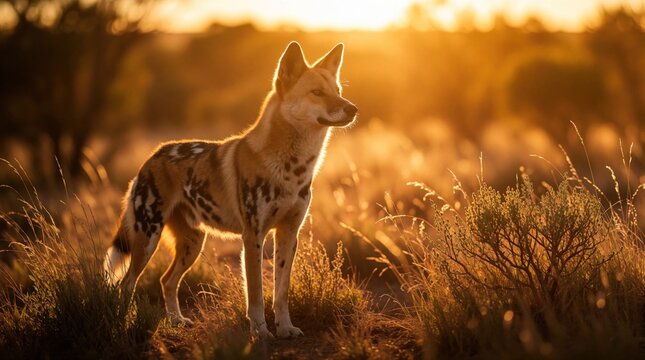 Wild dingo stands in dry grass during golden hour. Australian wild dog looks away in sunset light. Predator mammal poses in outback wilderness. Beautiful canine portrait with warm sun glow in nature