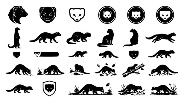 Ferret and Weasel Silhouette Icon Set with Polecat Marten and Mink Wildlife Symbols for Team Logos Esport Mascots and Nature Graphics
