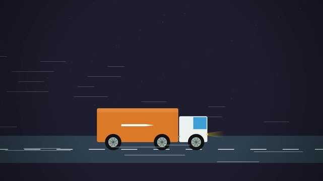 Orange delivery truck driving fast on dark highway at night with starry sky