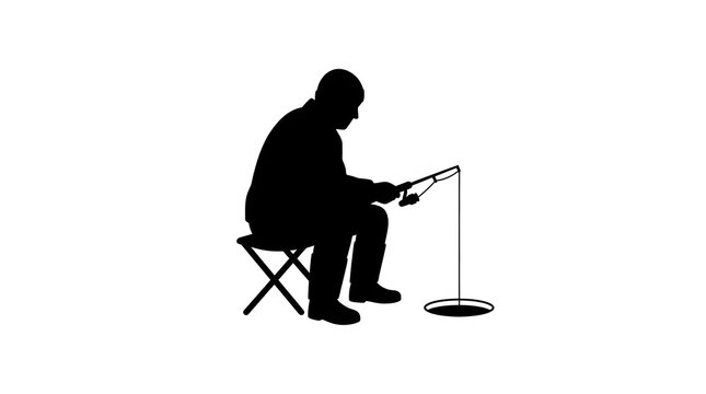 Silhouette of a man ice fishing while sitting on a stool by a hole