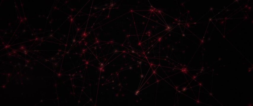 Red plexus network with glowing nodes and thin connecting lines on a black background, cyber technology abstract