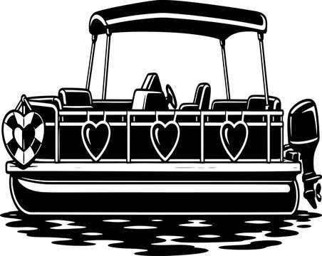 Pontoon boat decorated with hanging Valentine hearts and a heart shaped life ring on the lake in black and white woodcut vector style