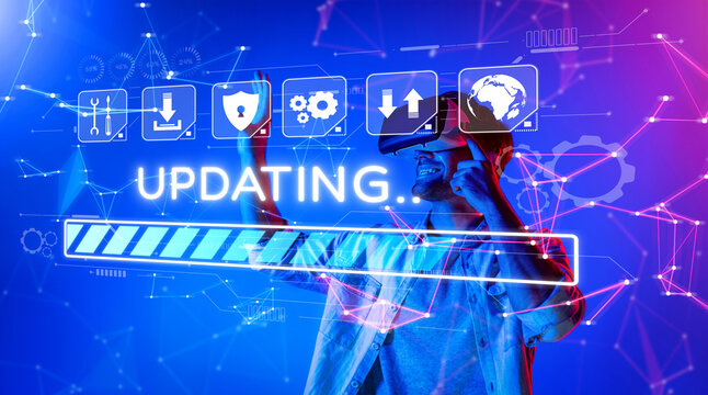 A virtual reality user interacts with a high-tech interface showcasing a software update process. Features a progress bar alongside various technology icons against a vibrant background. XDMCP