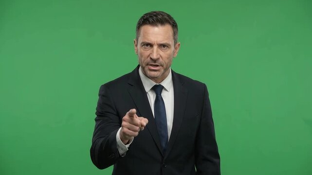 Serious expression of angry boss blaming employee on green screen