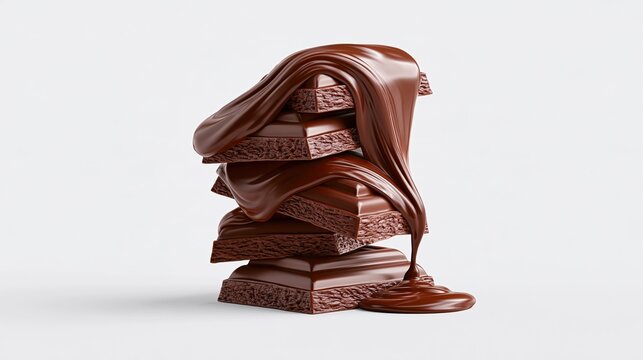 Stacked chocolate cubes with flowing melted cocoa sauce on white background, sweet dessert food for menu and packaging design