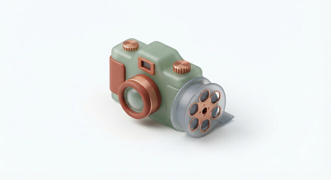 3D Render Illustration of a Vintage Camera with Film Reel on Isolated Background