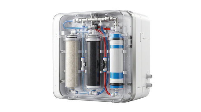Isolated transparent water filtration system diagram for technical documentation and product design