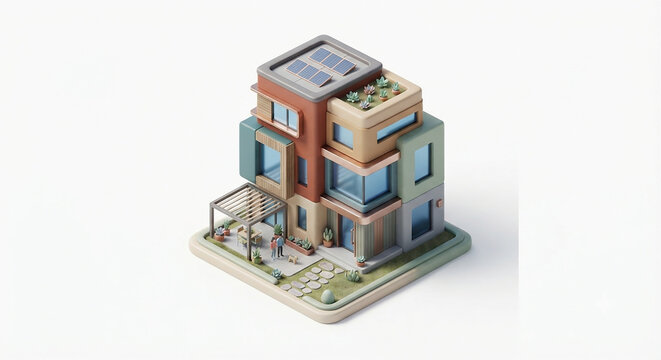 Modern Sustainable 3D Isometric Residential House with Solar Panels and Garden Patio