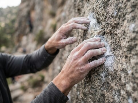 climbing chalk hands closeup Rock climber's chalk-covered hands gripping a rough rock surface outdoors.