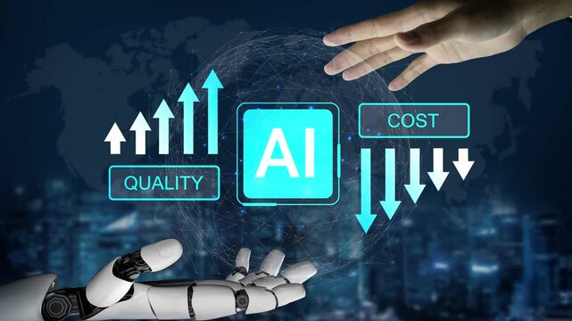 Futuristic Artificial Intelligence Concept Showing Cost Reduction and Quality Improvement with Robotic Hand and Digital Graphics Overlay Gluon.